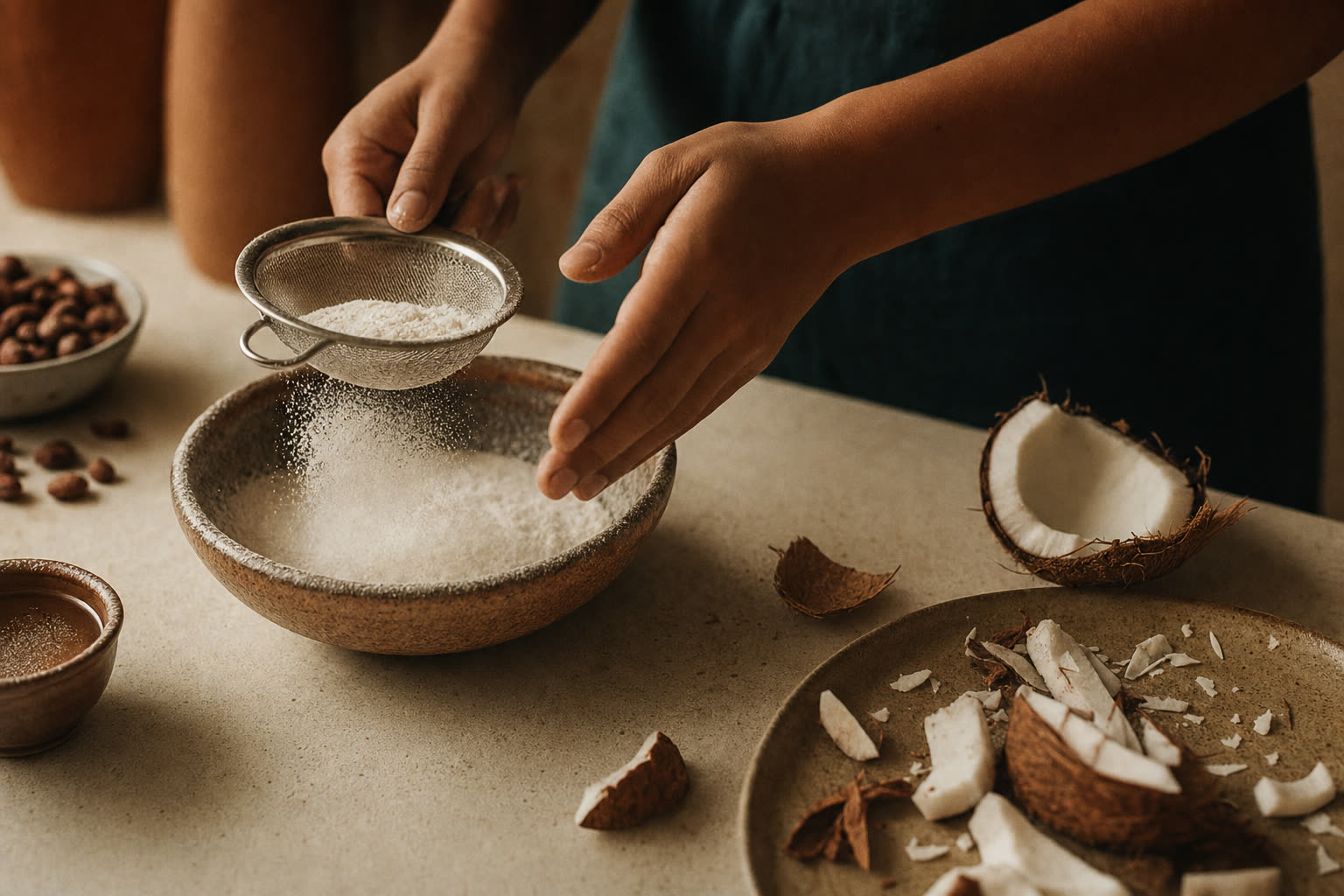 Hands sifting fine coconut over a ceramic bowl, with fresh coconut and cacao on a cream countertop.