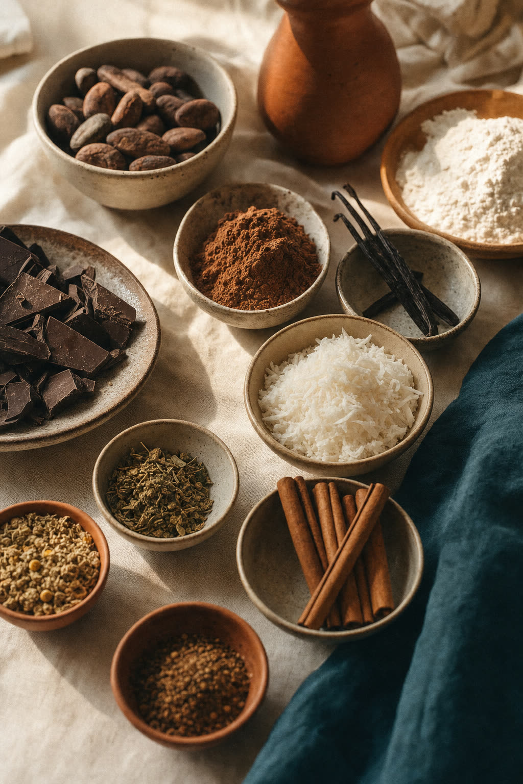 A warm still life of cacao, cocoa powder, vanilla, shredded coconut, cinnamon, and dried herbs in ceramic bowls on cream linen.