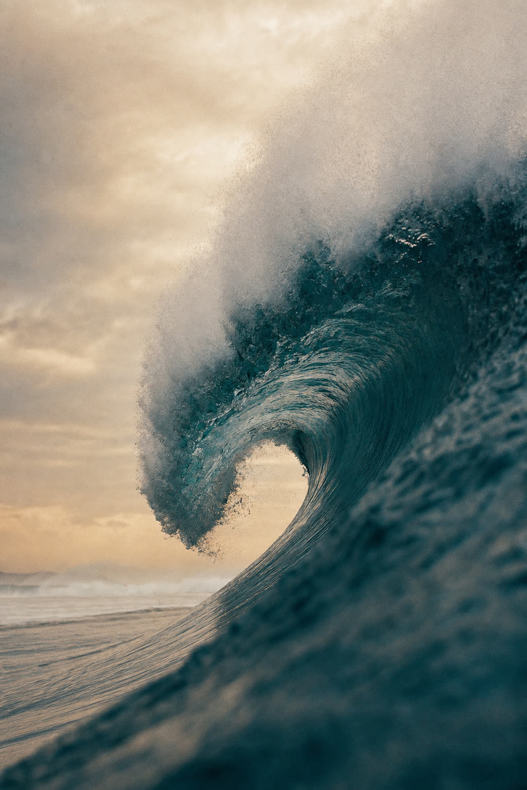 A large ocean wave curling in soft morning light, deep teal water against a warm sky.